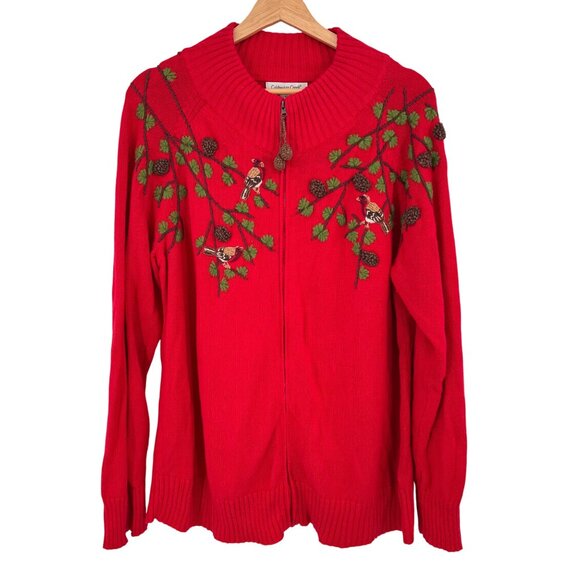 Coldwater Creek size 1X Red Embroidered Bird Cardigan Sweater zip Cotton - Picture 1 of 9